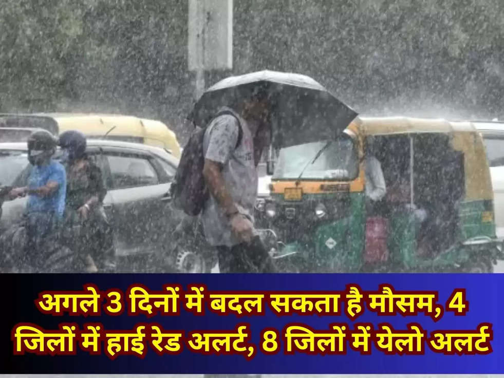 अगले 3 दिनों में बदल सकता है मौसम, 4 जिलों में हाई रेड अलर्ट, 8 जिलों में येलो अलर्ट