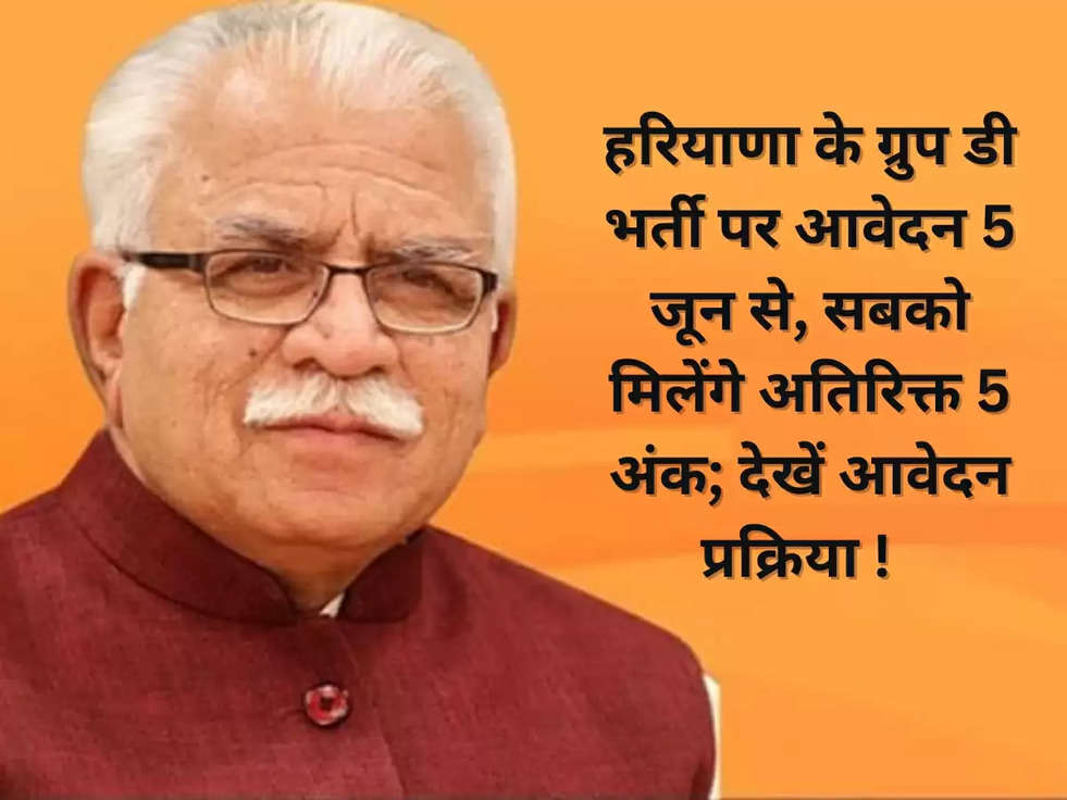 हरियाणा के ग्रुप डी भर्ती पर आवेदन 5 जून से, सबको मिलेंगे अतिरिक्त 5 अंक; देखें आवेदन प्रक्रिया !  